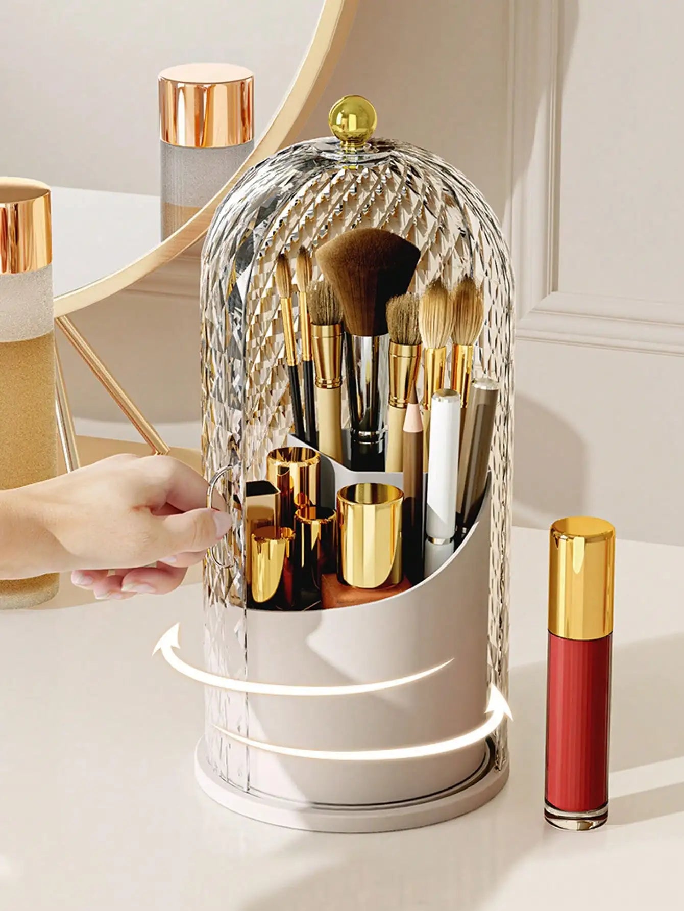 360 Rotatable Sliding Multi Compartment Cosmetic Brush Vanity Storage Box