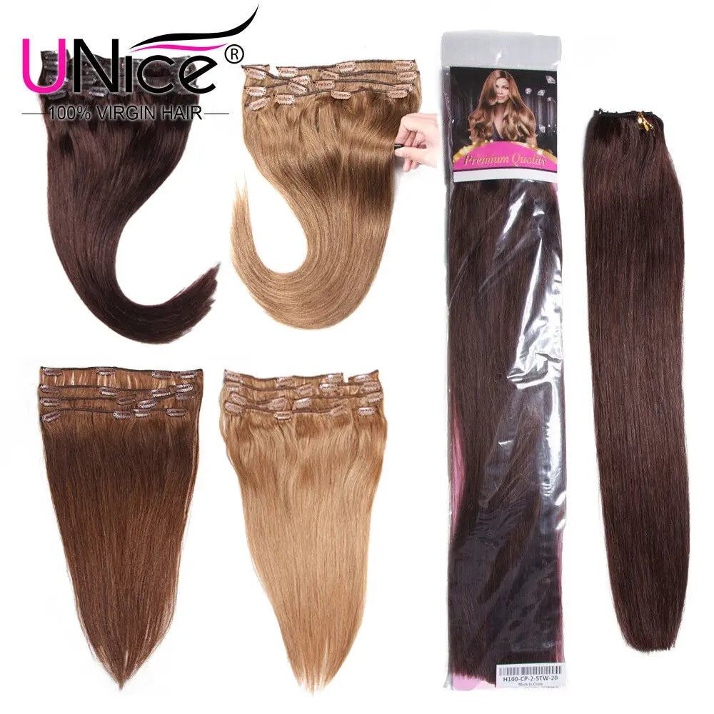 UNice Straight Clip In Hair Extensions 100 Percent Human Hair