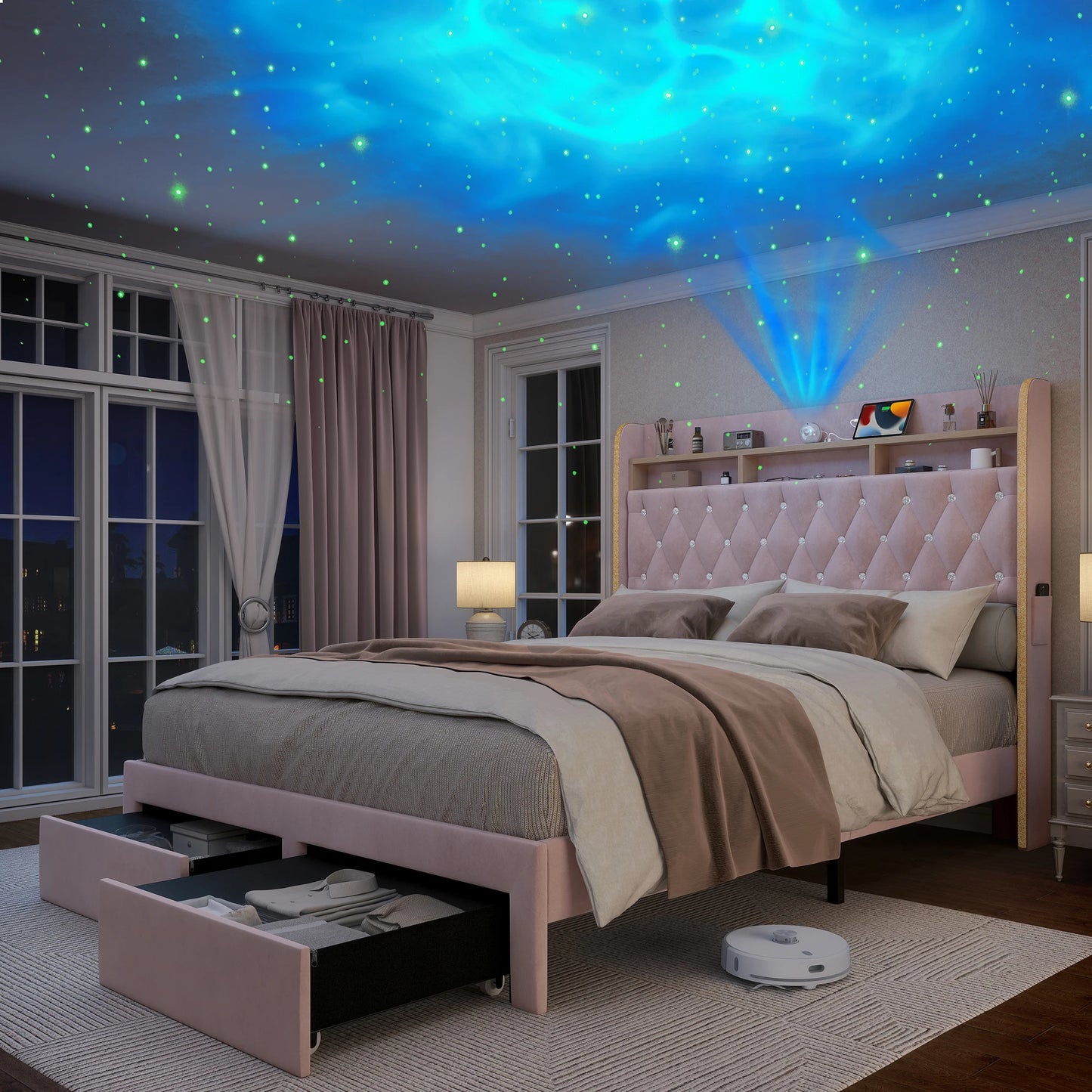 SIBEDS LED Bed Frame With Storage Drawers Star Projector Charging Station