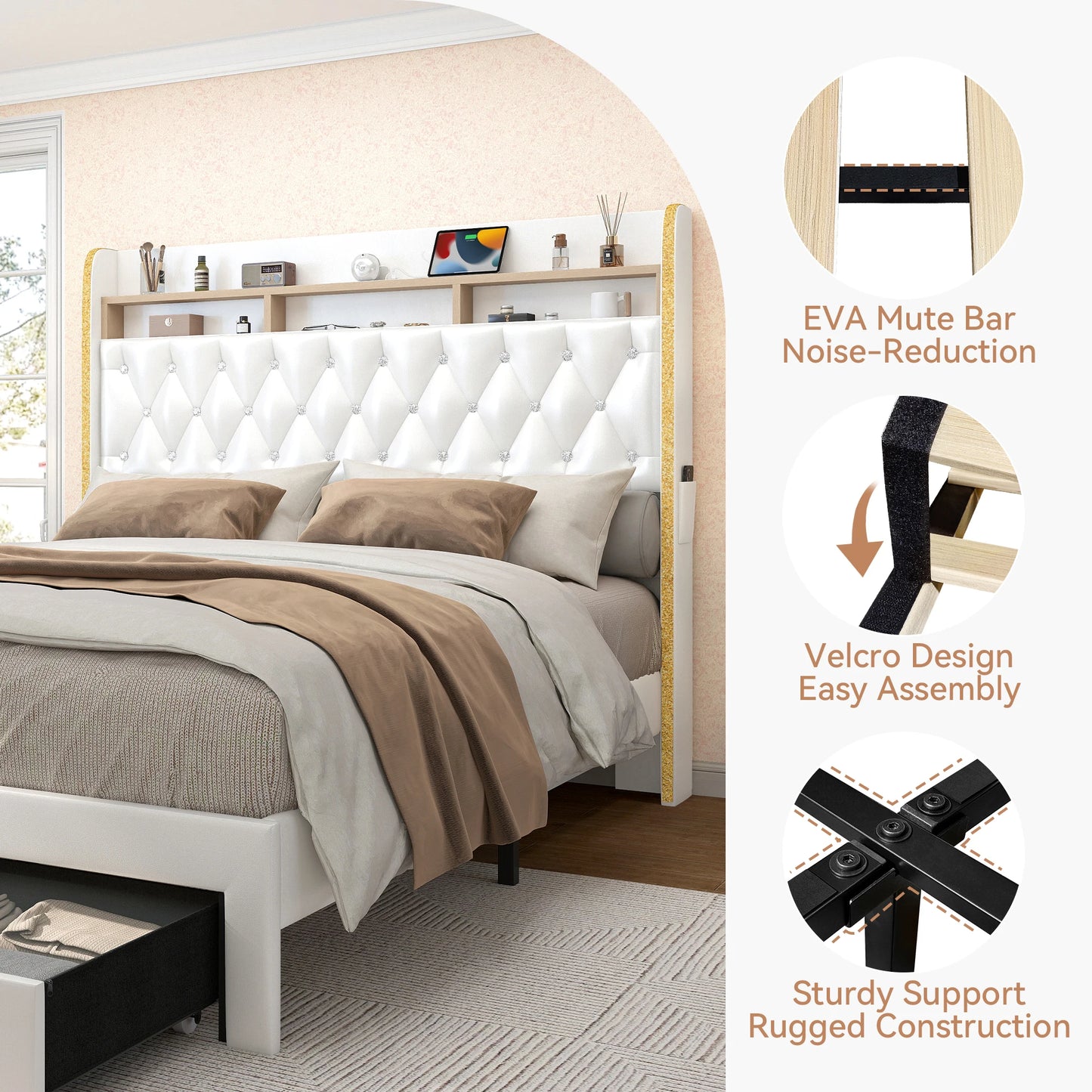 SIBEDS LED Bed Frame With Storage Drawers Star Projector Charging Station