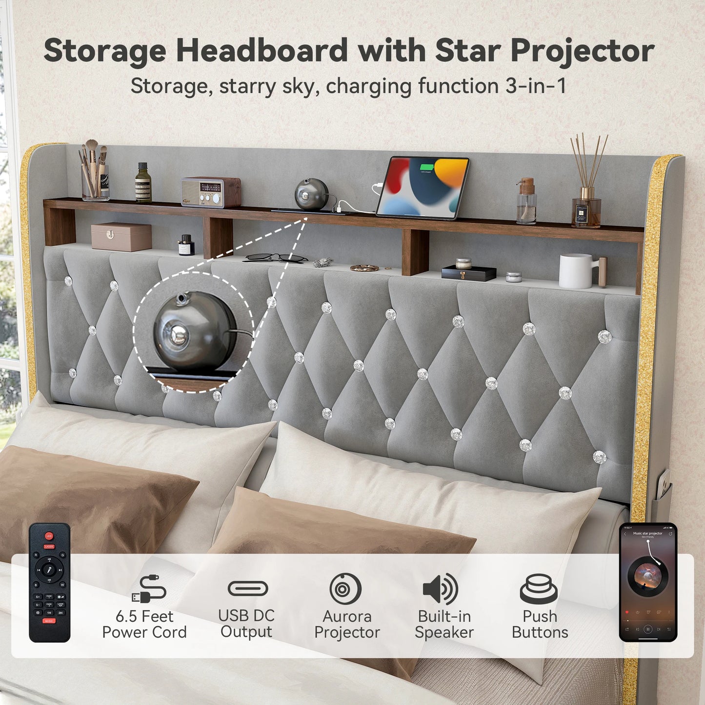 SIBEDS LED Bed Frame With Storage Drawers Star Projector Charging Station