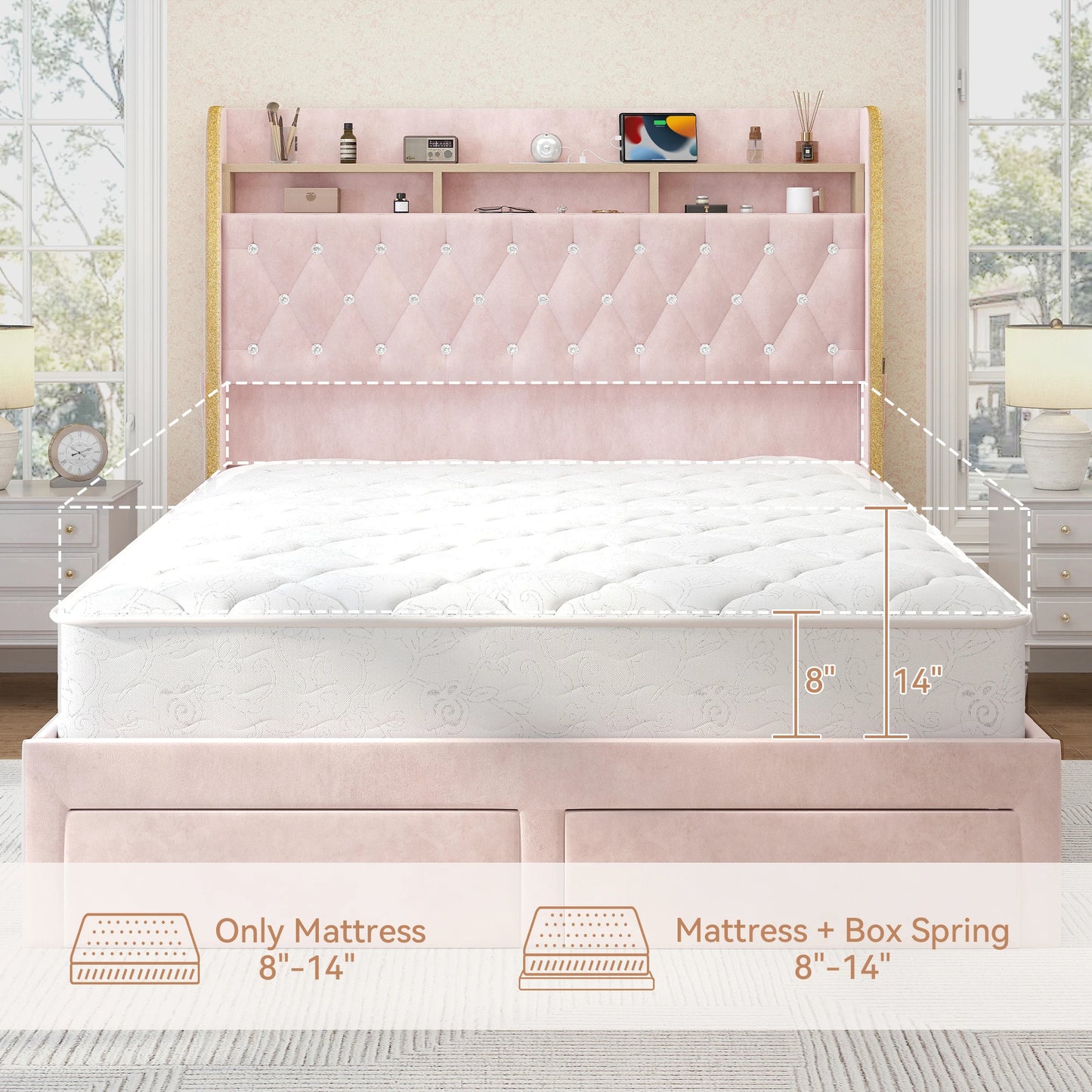 SIBEDS LED Bed Frame With Storage Drawers Star Projector Charging Station