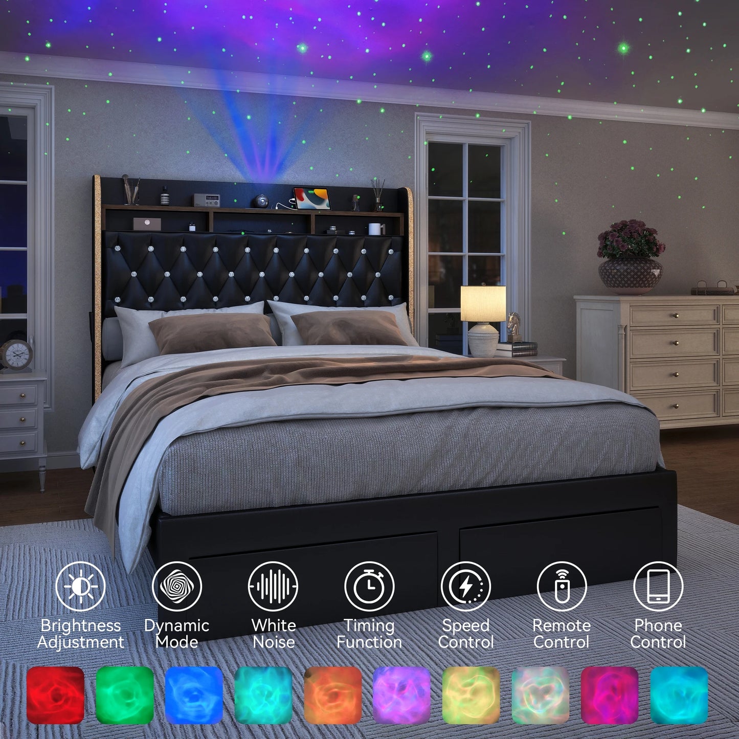 SIBEDS LED Bed Frame With Storage Drawers Star Projector Charging Station
