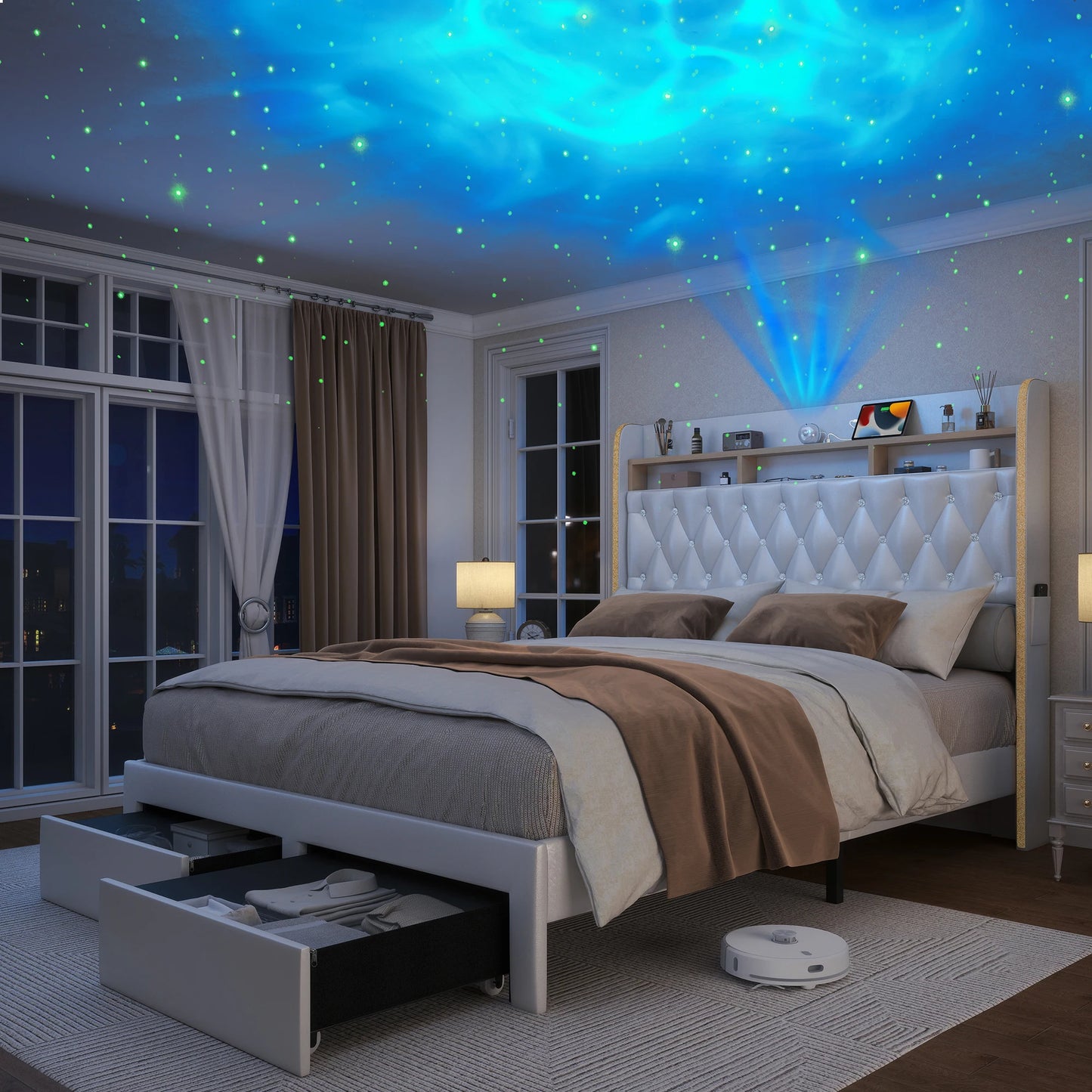 SIBEDS LED Bed Frame With Storage Drawers Star Projector Charging Station
