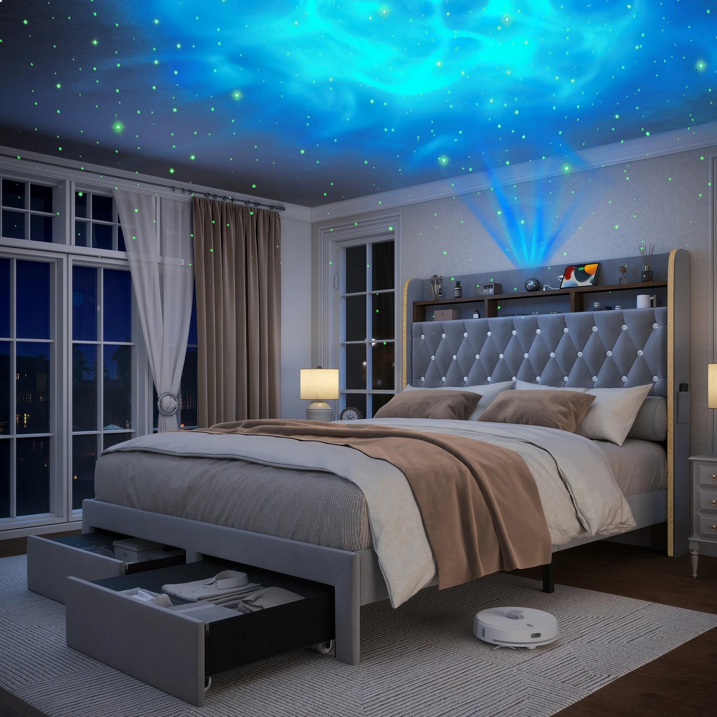 SIBEDS LED Bed Frame With Storage Drawers Star Projector Charging Station
