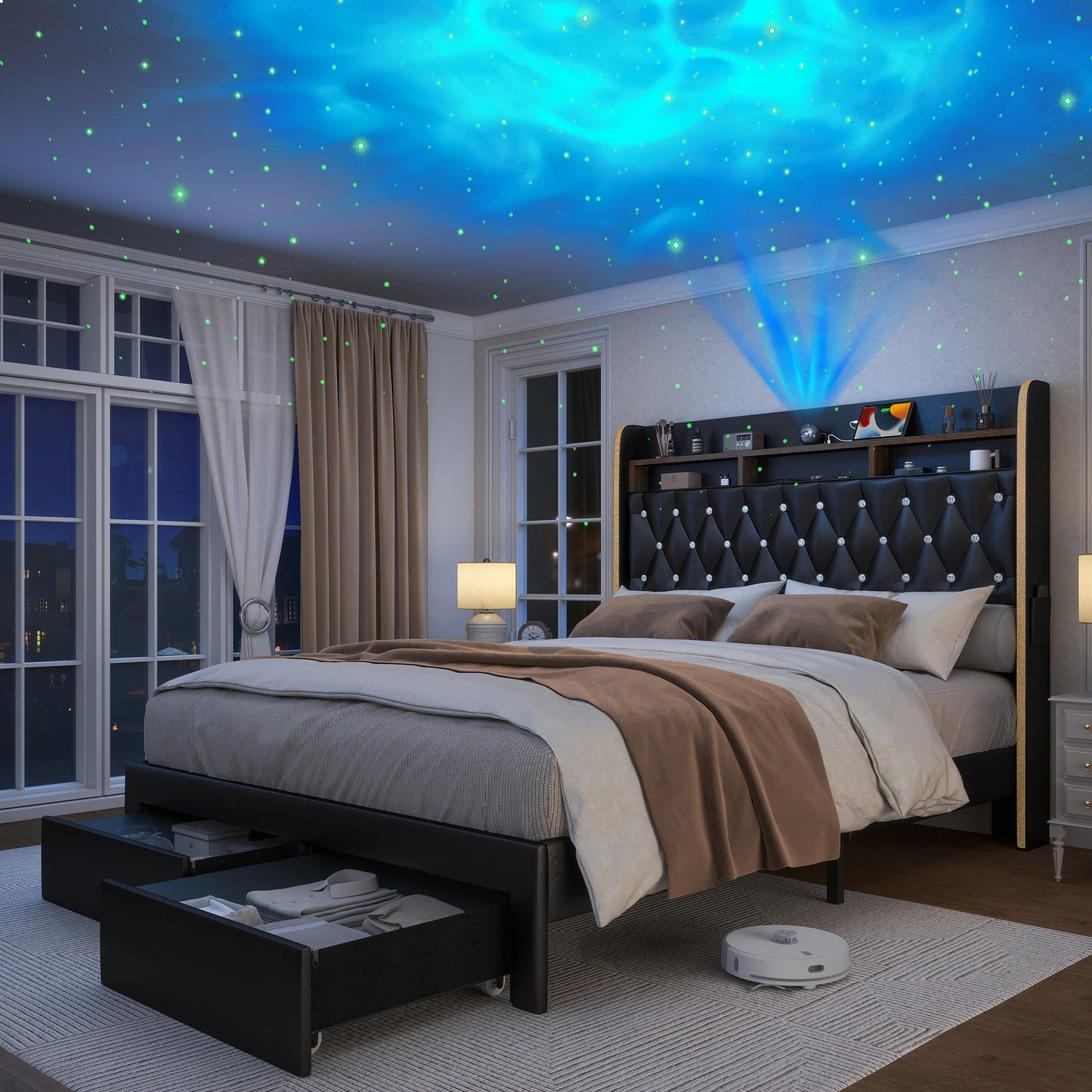 SIBEDS LED Bed Frame With Storage Drawers Star Projector Charging Station