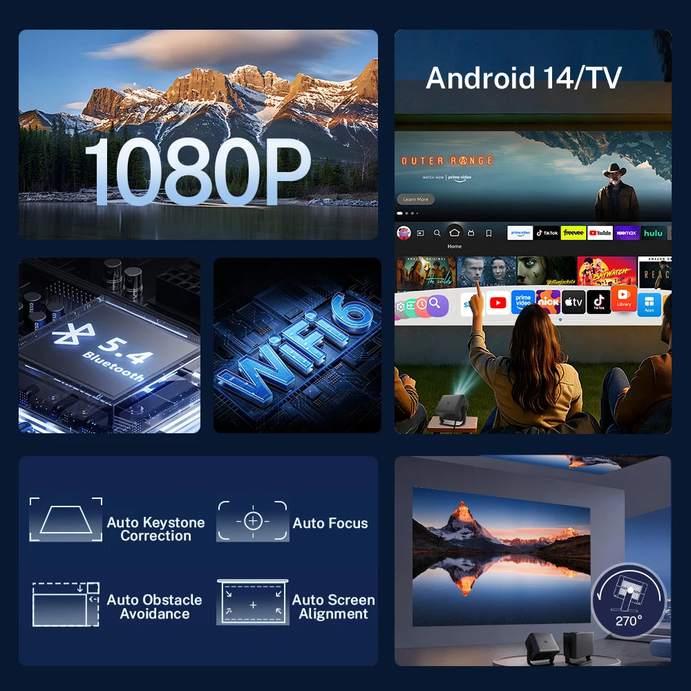 LynCast Smart Projector 4K Android 14 Bluetooth WiFi6 Portable Home Theater