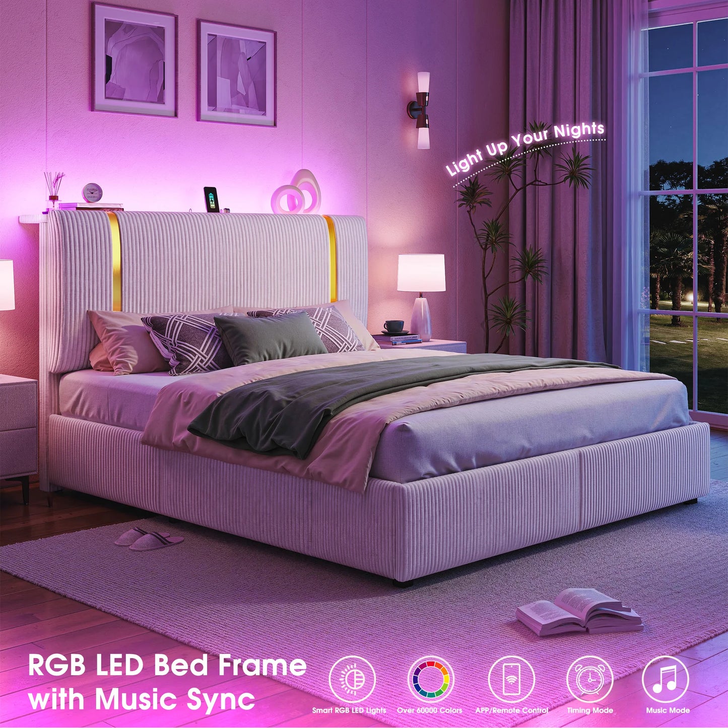 EnHomee Bed Frame 6 Storage Drawers Upholstered Headboard LED Lighting
