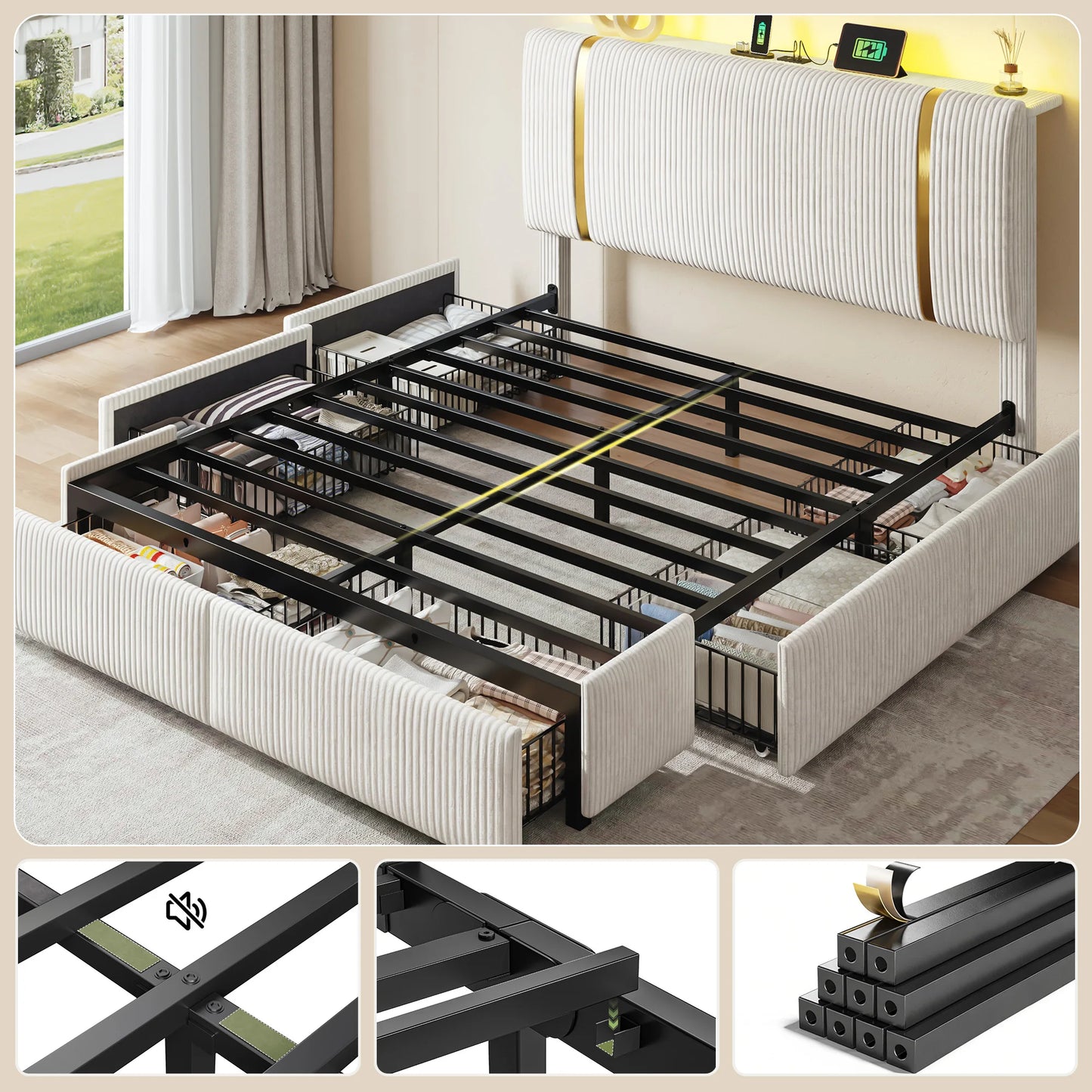 EnHomee Bed Frame 6 Storage Drawers Upholstered Headboard LED Lighting