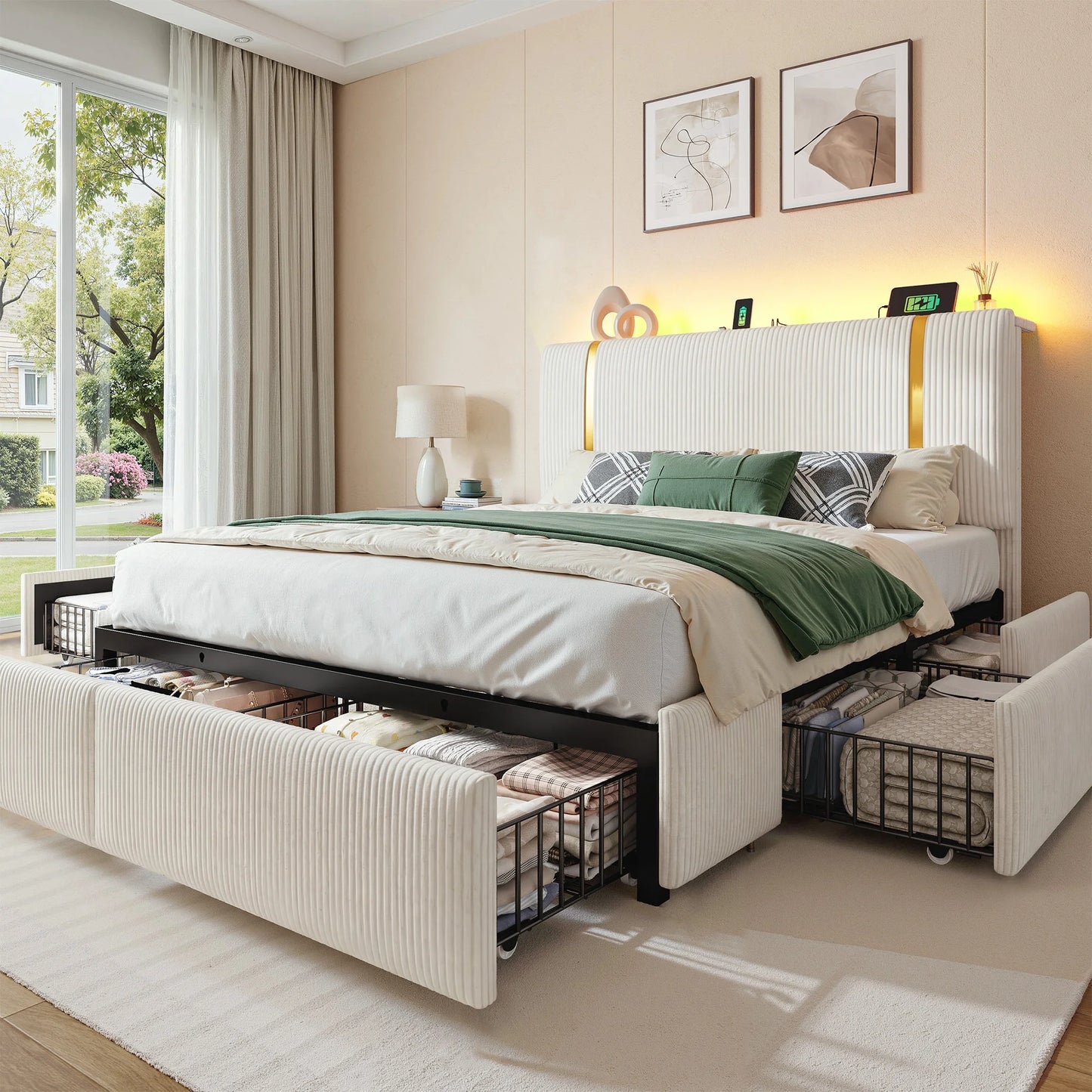 EnHomee Bed Frame 6 Storage Drawers Upholstered Headboard LED Lighting