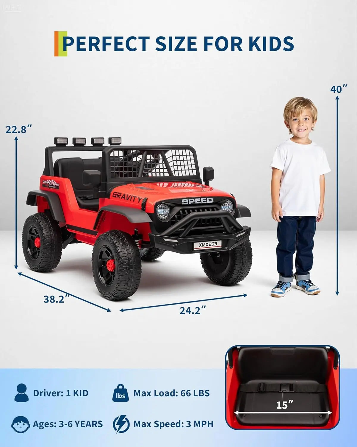HiMISS 12V Kids Ride On Truck With Parent Remote Control 3 Speeds And LED Lights