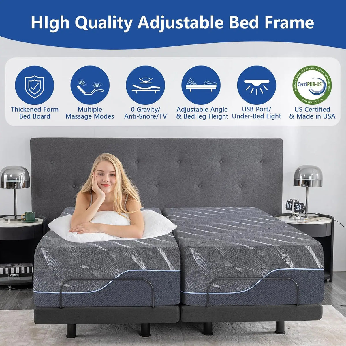 Split King Adjustable Bed Frame With Massage And Gel Memory Foam Mattress