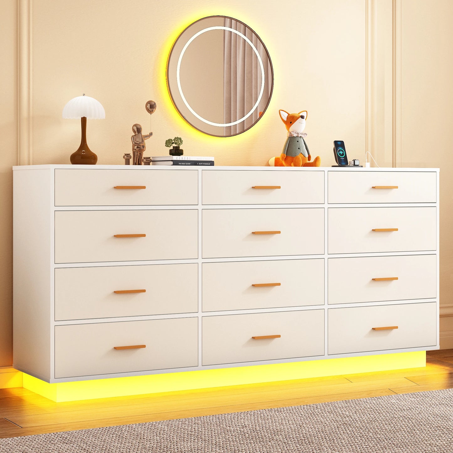 QiaoShiRen Modern Dresser With Power Outlets And LED Lights