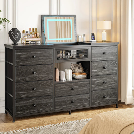 EnHomee 10 Drawer Dresser With Mirror RGB LED Lights USB