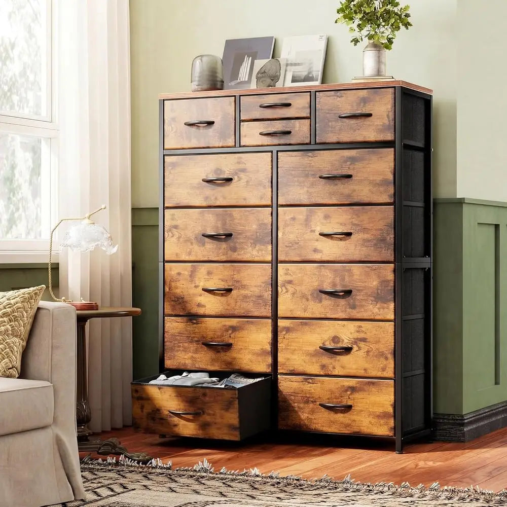 14 Drawer Dresser With Metal And Wood Top For Hallway Or Living Room