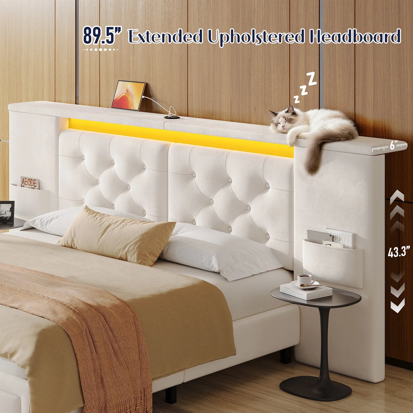 EnHomee Velvet Platform Bed Frame With Oversized Headboard And Storage Drawers