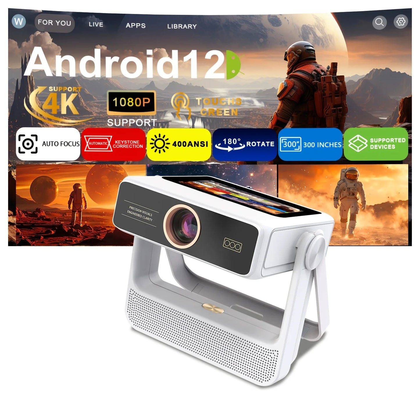 4K Touch Screen Portable Projector With WiFi Bluetooth Smart Auto Focus