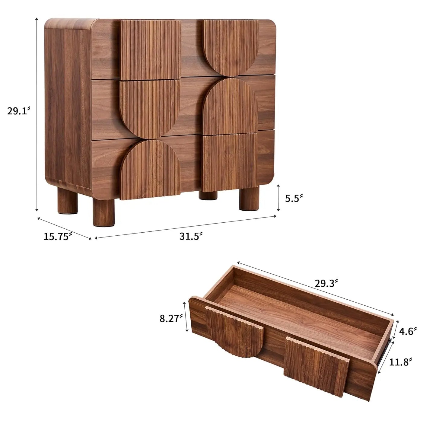 Three Drawer Fluted Dresser Modern Mid Century Wood Chest