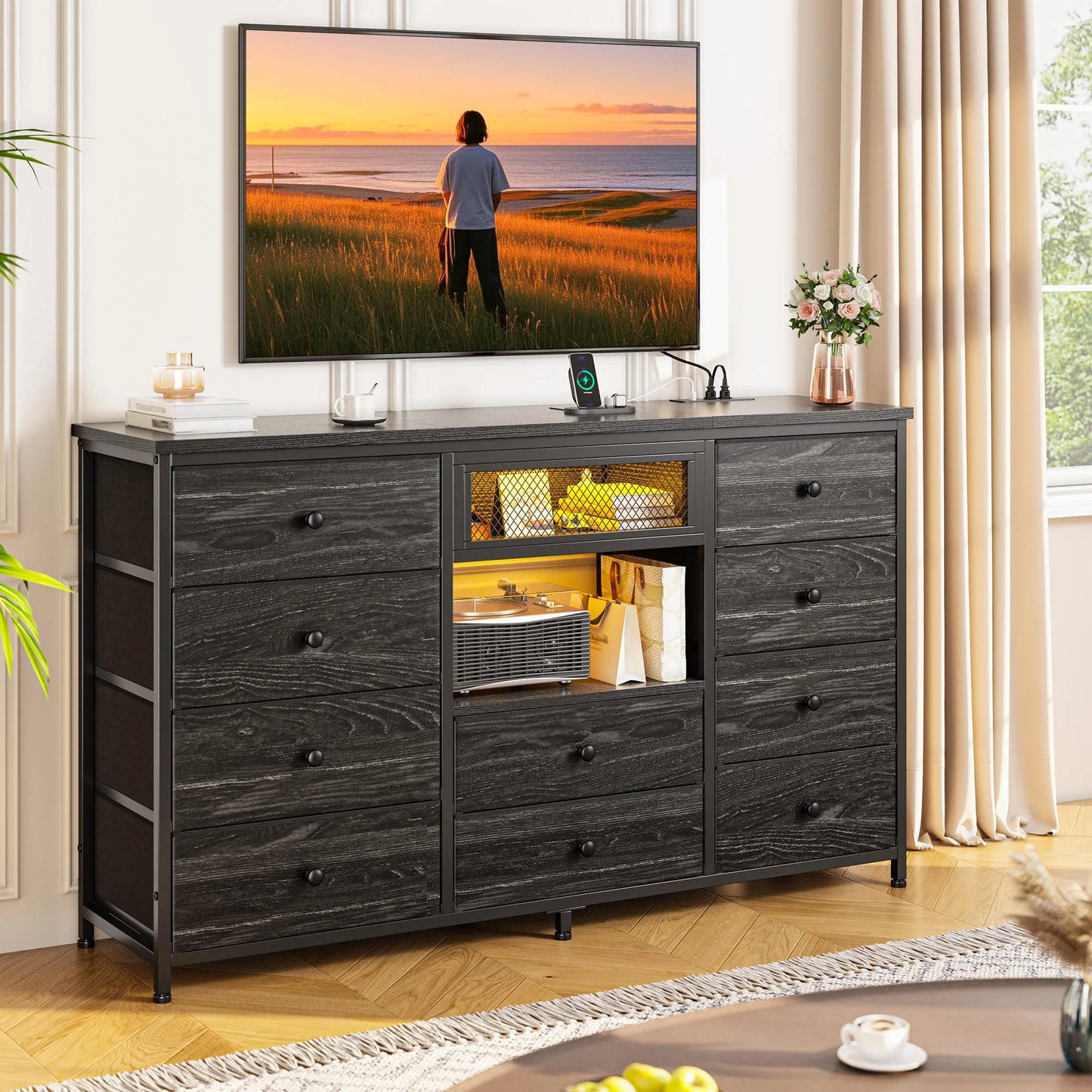 EnHomee 10 Drawer Dresser With Mirror RGB LED Lights USB