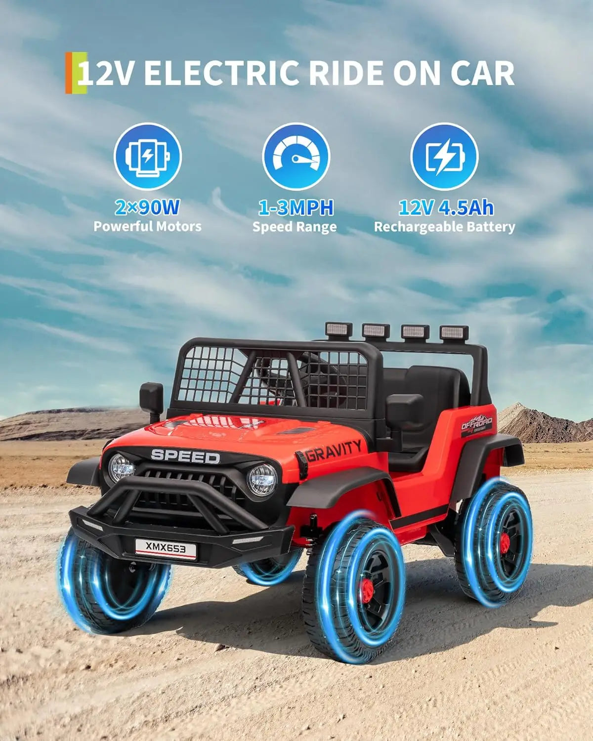 HiMISS 12V Kids Ride On Truck With Parent Remote Control 3 Speeds And LED Lights