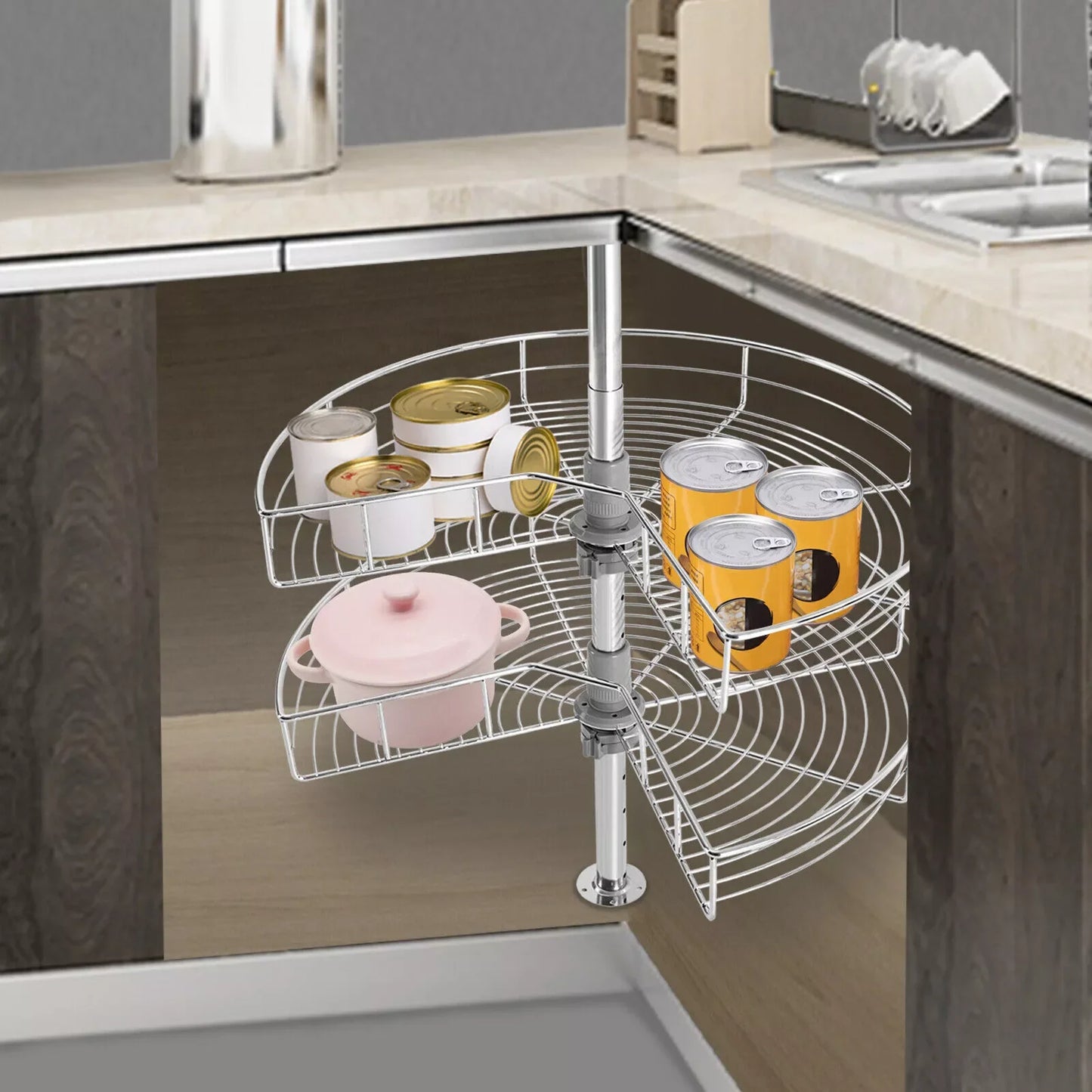 Iron 2 Shelf Kidney Chrome Lazy Susan Corner Cabinet Organizer