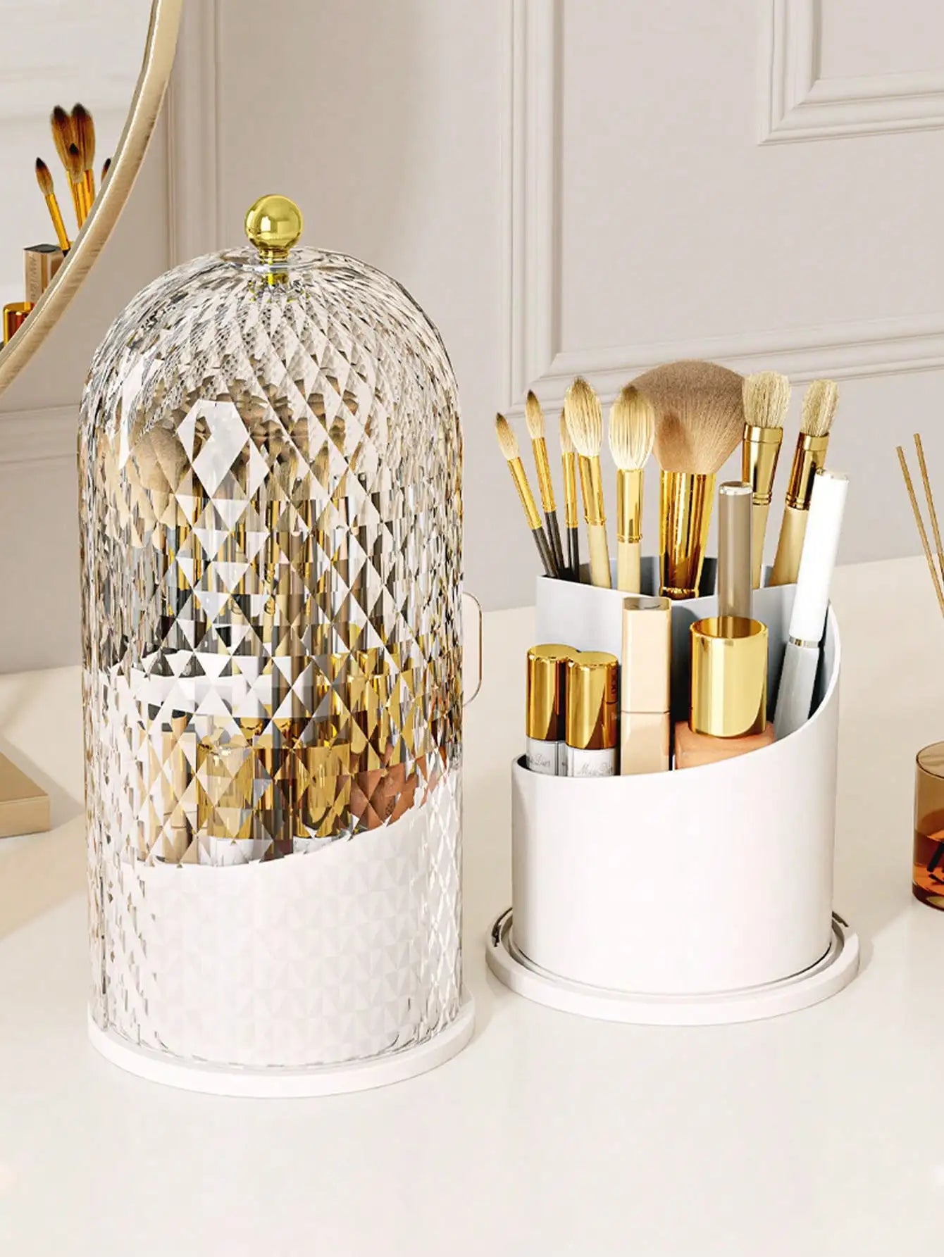 360 Rotatable Sliding Multi Compartment Cosmetic Brush Vanity Storage Box
