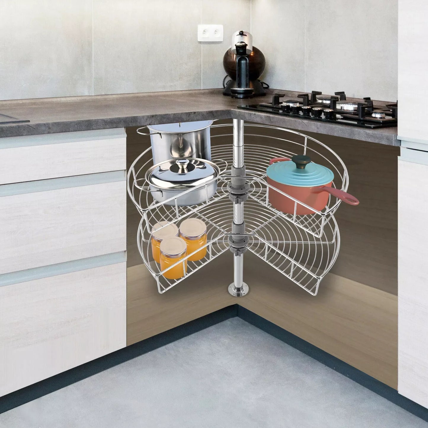 Iron 2 Shelf Kidney Chrome Lazy Susan Corner Cabinet Organizer