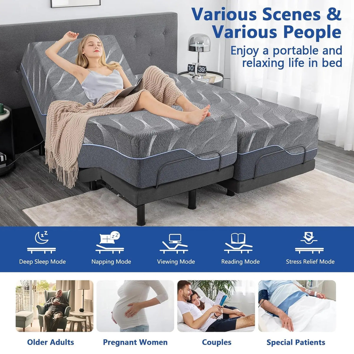 Split King Adjustable Bed Frame With Massage And Gel Memory Foam Mattress