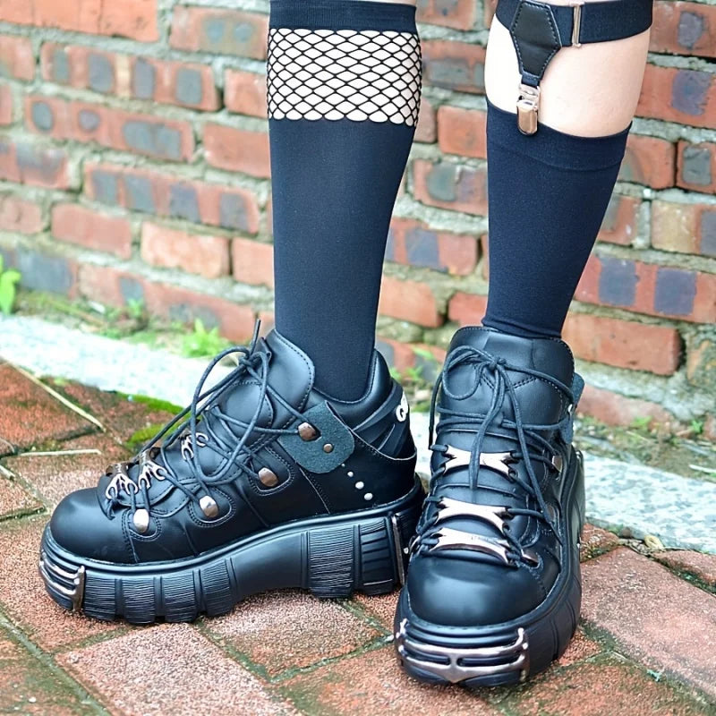 Women Thick Platform Sneakers Rock Metal Decoration Punk Casual Trainers