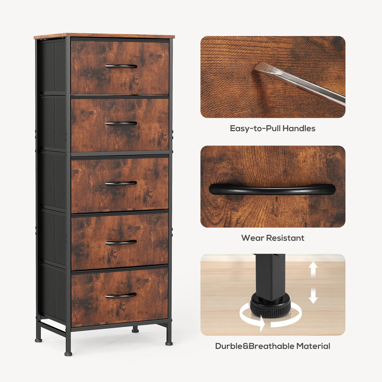 JHK Dresser With Five Fabric Drawers For Bedroom Storage Cabinet