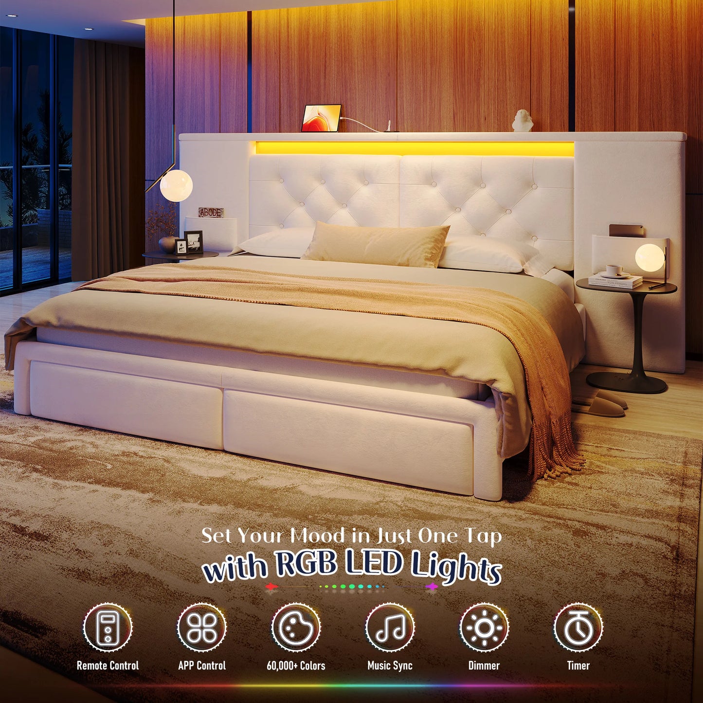 EnHomee Velvet Platform Bed Frame With Oversized Headboard And Storage Drawers