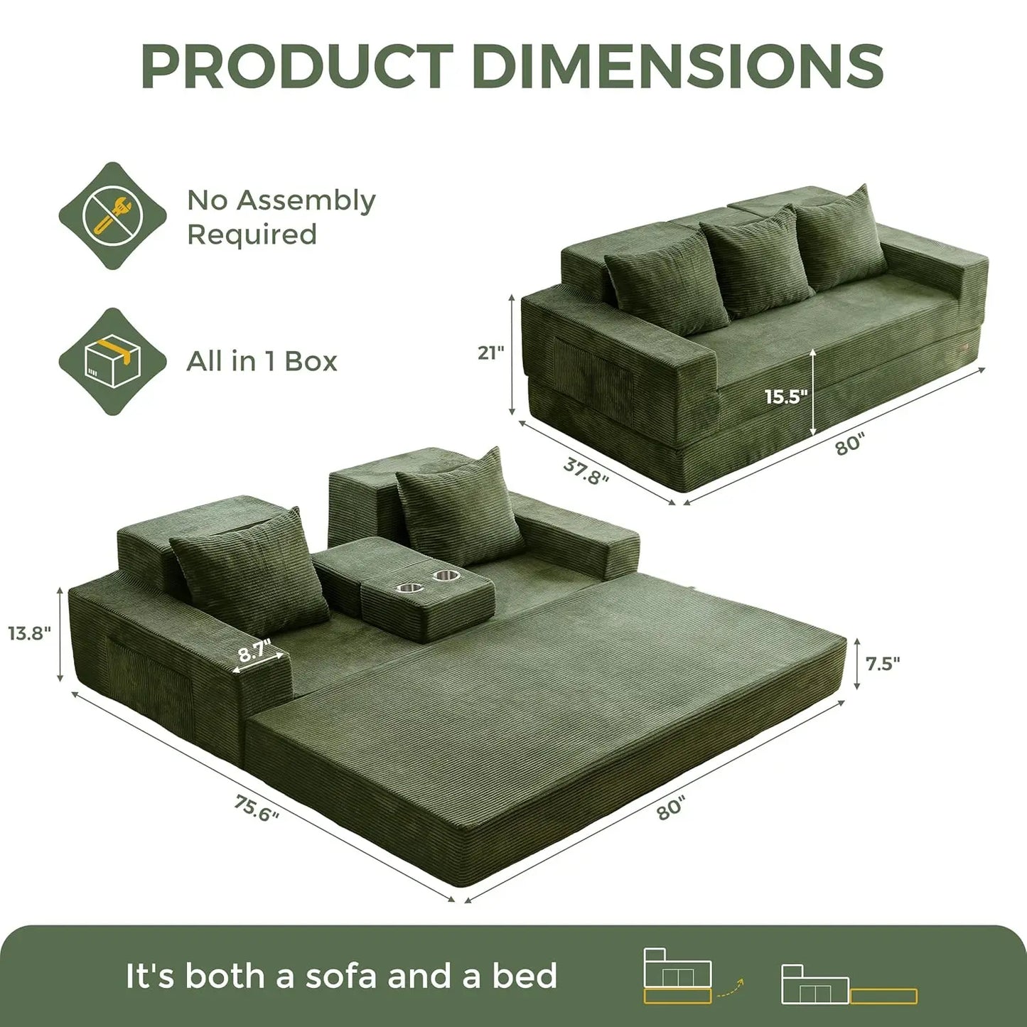 HUANZHUANG Convertible Sofa Bed 4 In 1 Modern Foldable Sofa