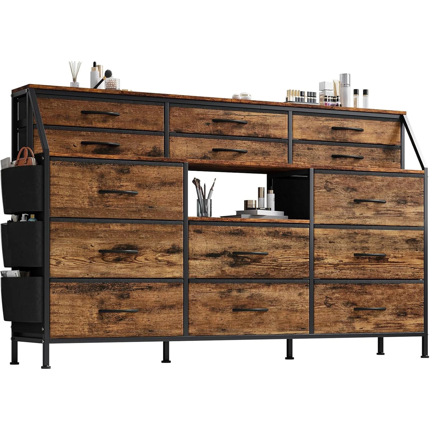 TWISTER.CK Fabric Chest of Drawers With Wooden Top and Metal Frame for Bedroom