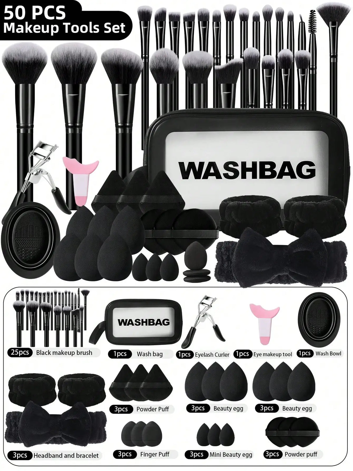 Professional 50 Piece Makeup Brush Collection With Cosmetic Bag Sponges