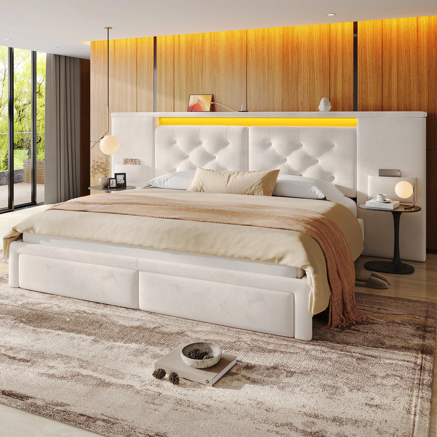 EnHomee Velvet Platform Bed Frame With Oversized Headboard And Storage Drawers
