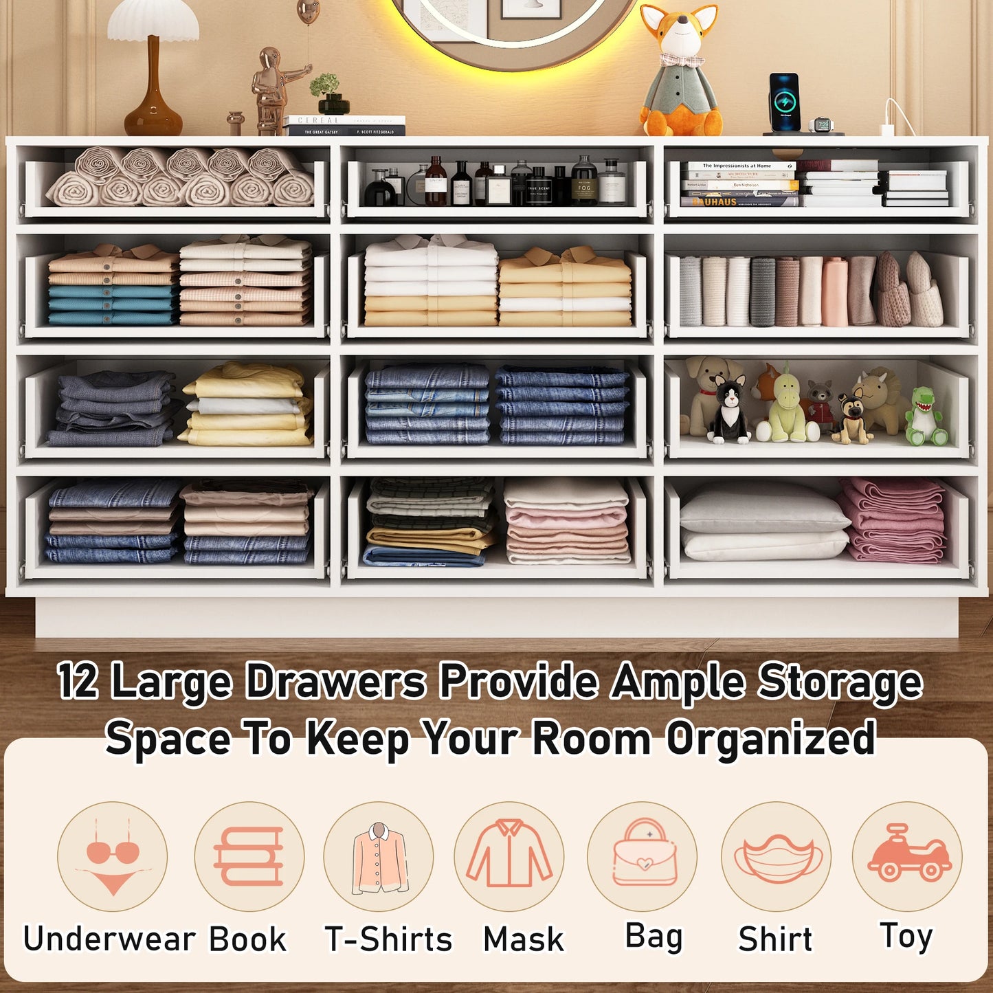 QiaoShiRen Modern Dresser With Power Outlets And LED Lights