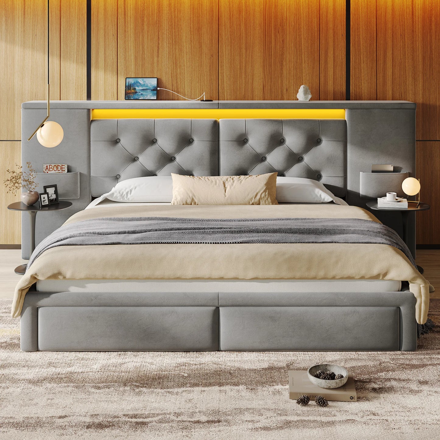 EnHomee Velvet Platform Bed Frame With Oversized Headboard And Storage Drawers