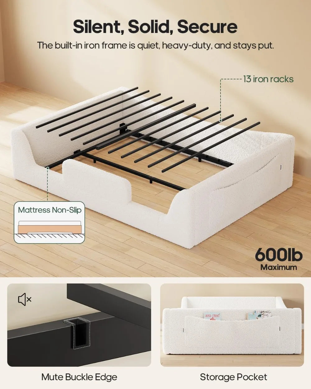 2In1 Convertible Full Floor Bed With High Rails Teddy Boucle