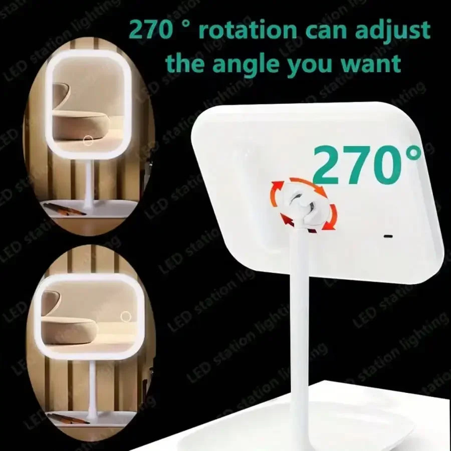 LED Foldable Makeup Mirror With Touch Control And Storage Base