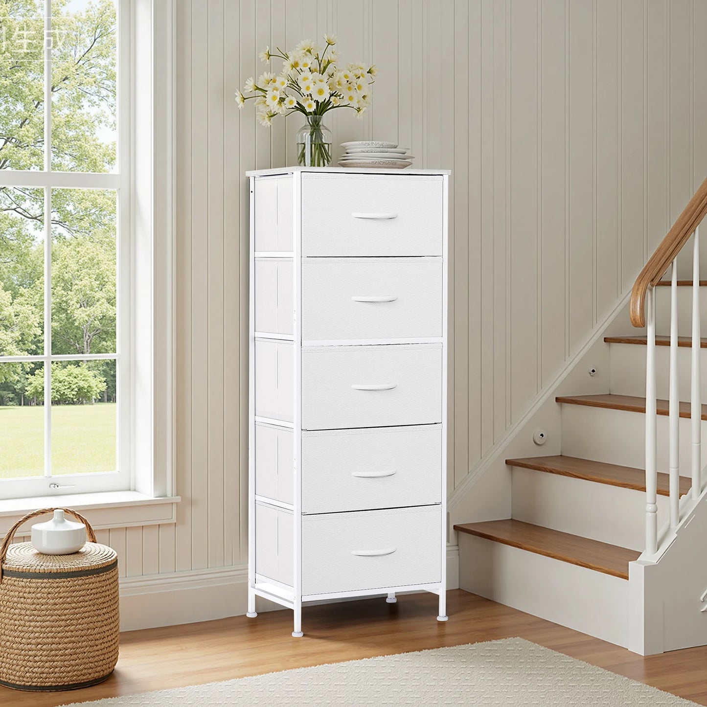 JHK Dresser With Five Fabric Drawers For Bedroom Storage Cabinet