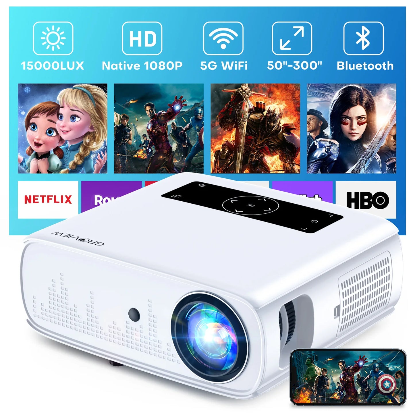 Groview 1080P Projector With WiFi Bluetooth 4K Support HDMI USB