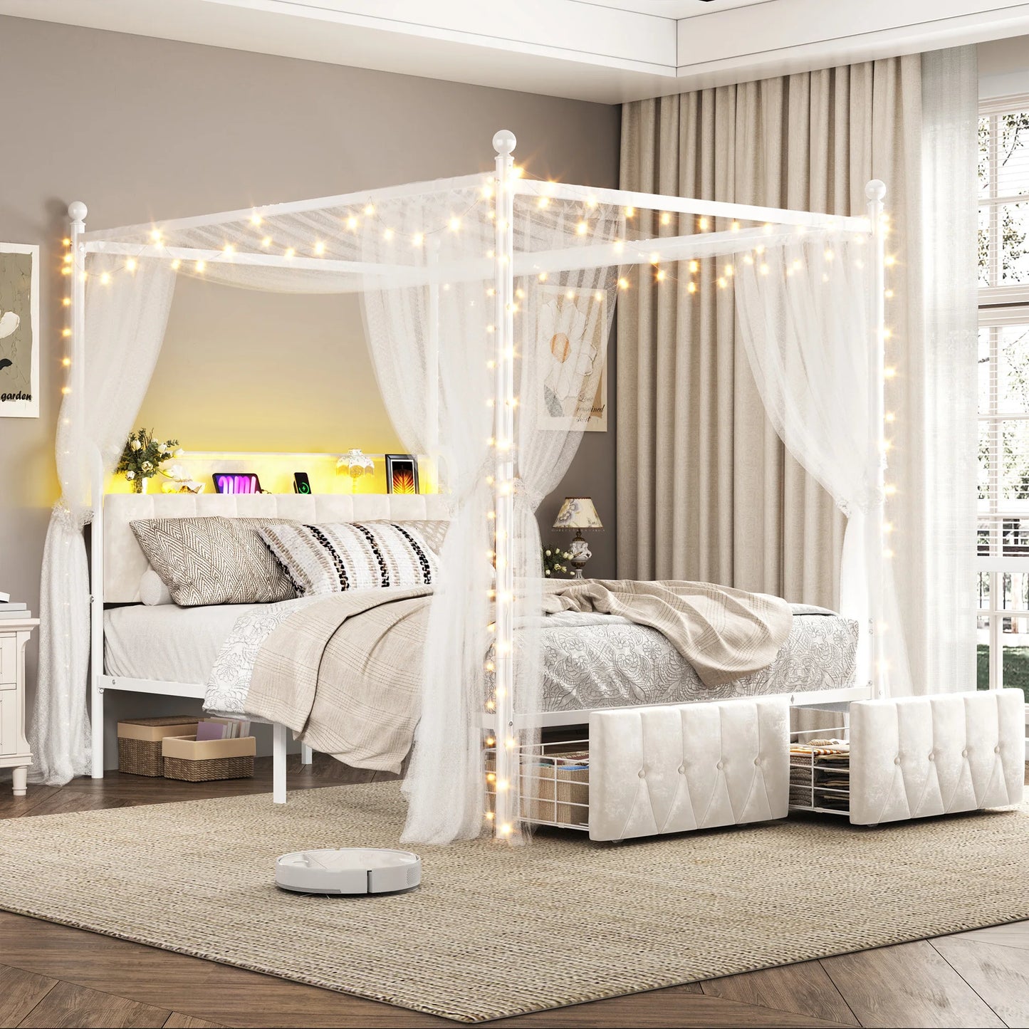 EnHomee Canopy Bed Frame With LED Lights And Charging Station