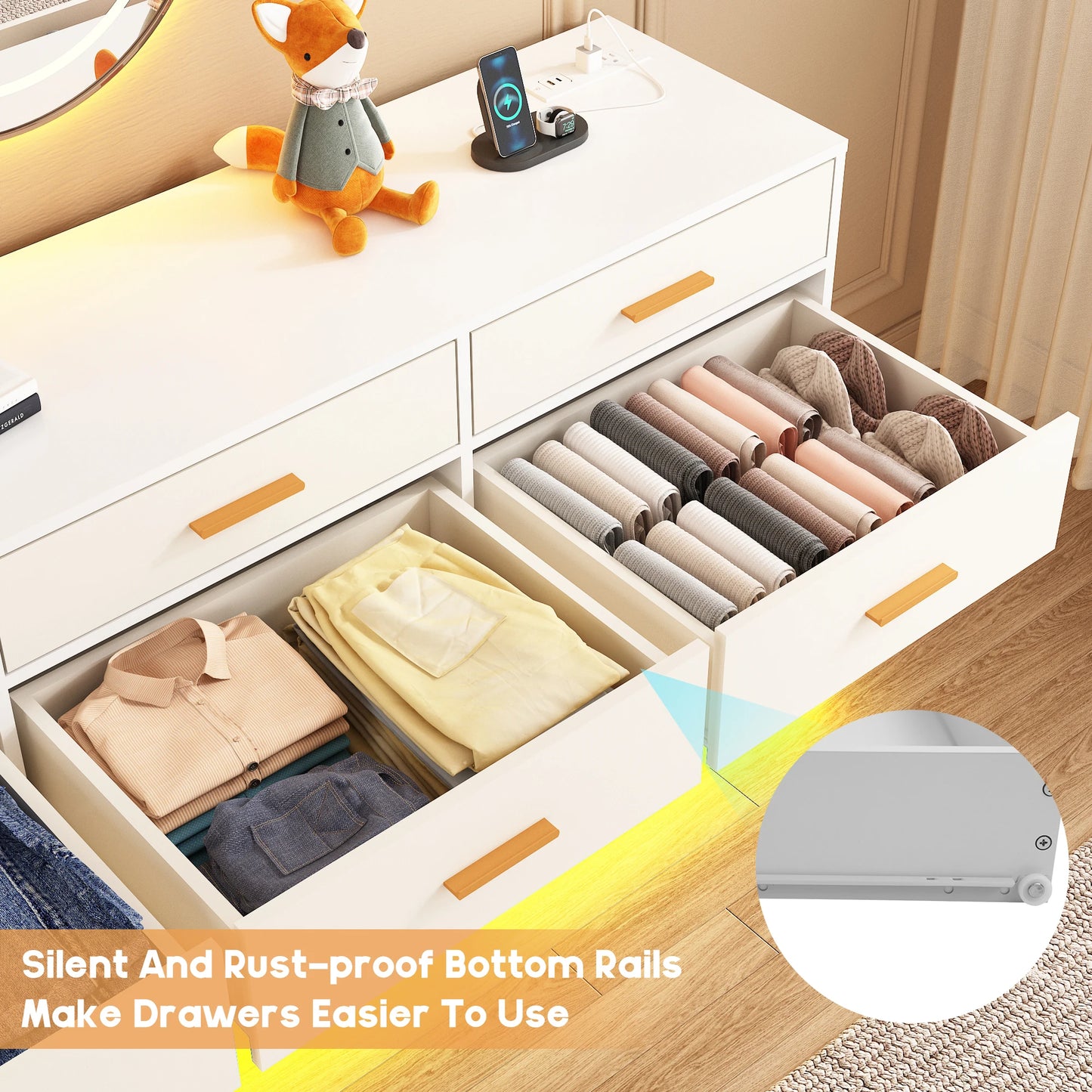 QiaoShiRen Modern Dresser With Power Outlets And LED Lights