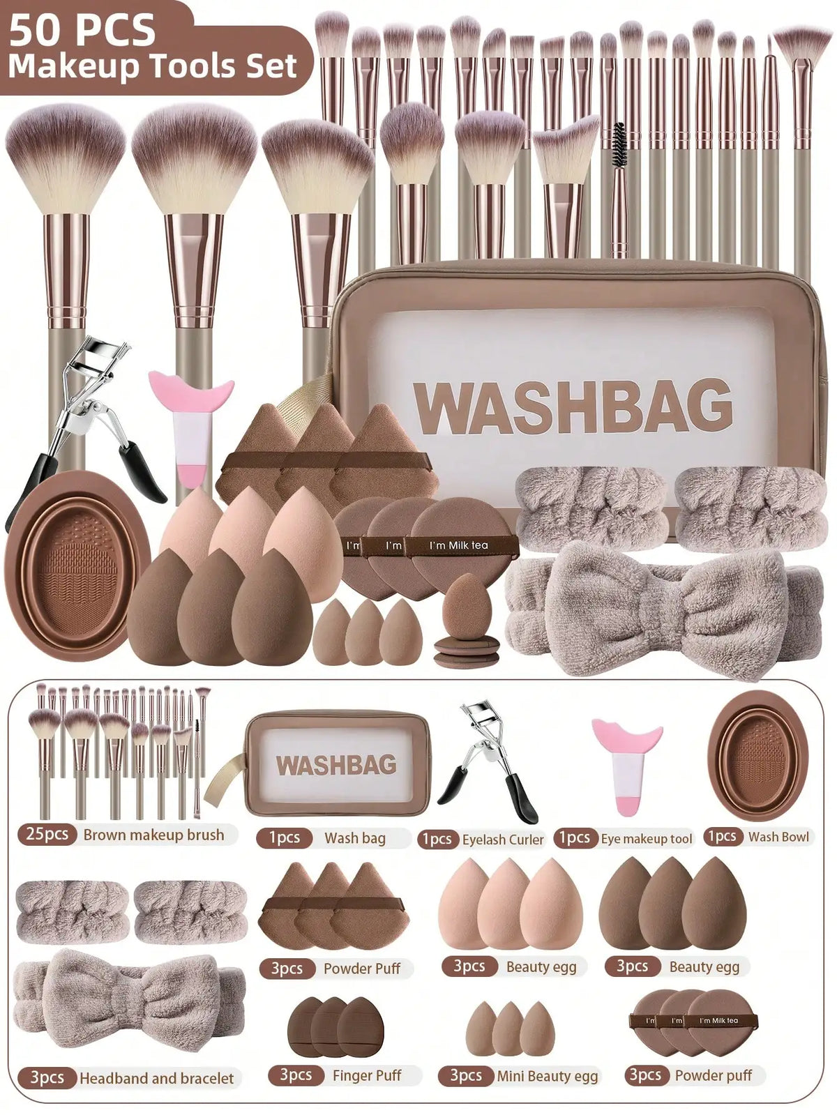 Professional 50 Piece Makeup Brush Collection With Cosmetic Bag Sponges