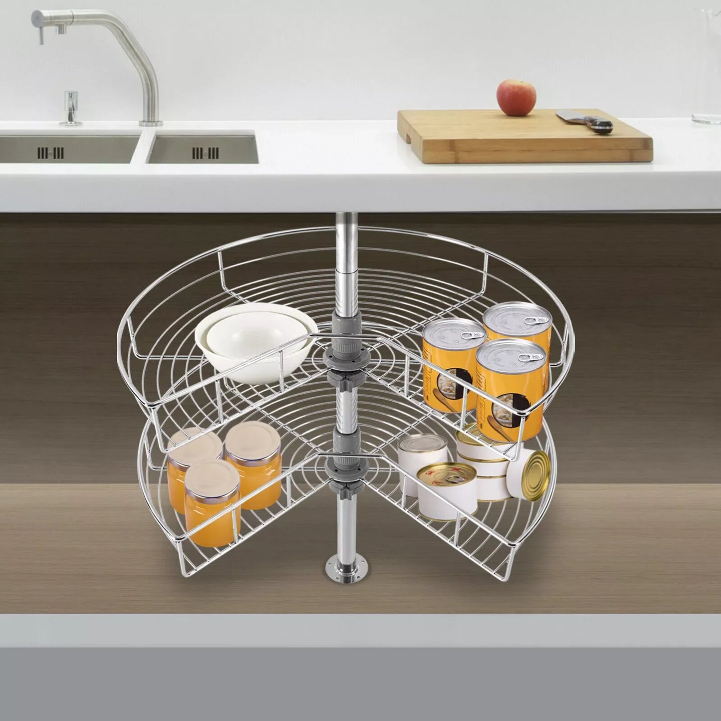 Iron 2 Shelf Kidney Chrome Lazy Susan Corner Cabinet Organizer