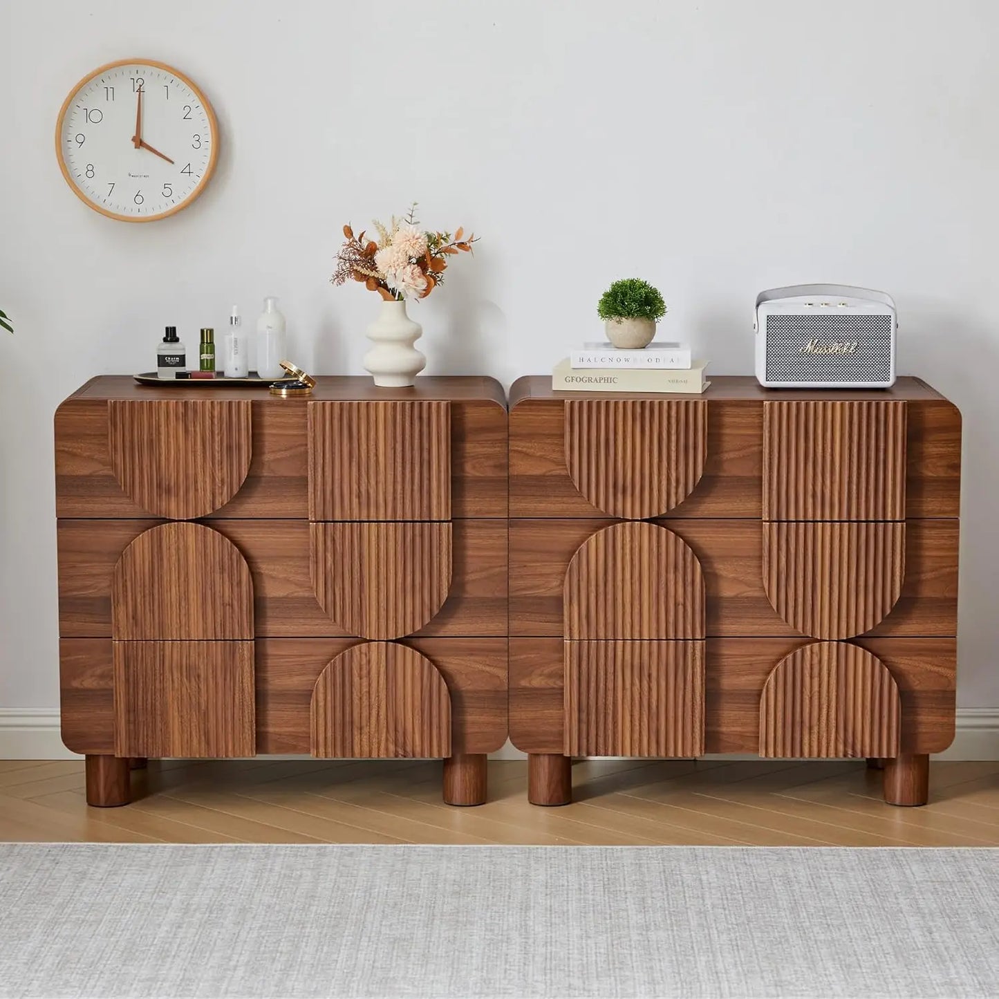 Three Drawer Fluted Dresser Modern Mid Century Wood Chest