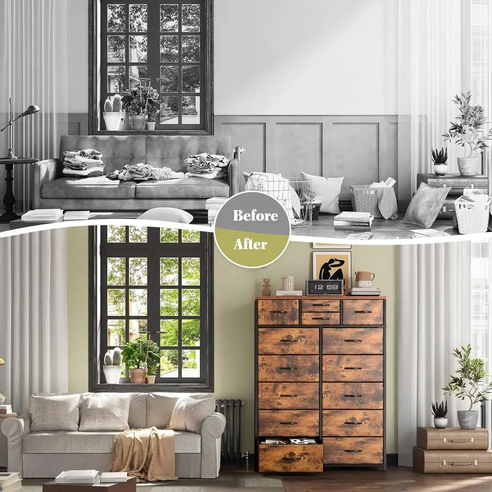 14 Drawer Dresser With Metal And Wood Top For Hallway Or Living Room