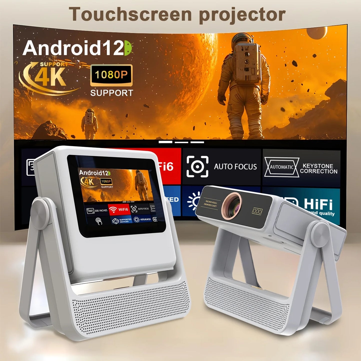 4K Touch Screen Portable Projector With WiFi Bluetooth Smart Auto Focus