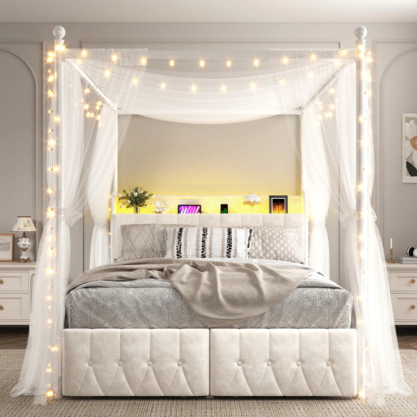 EnHomee Canopy Bed Frame With LED Lights And Charging Station