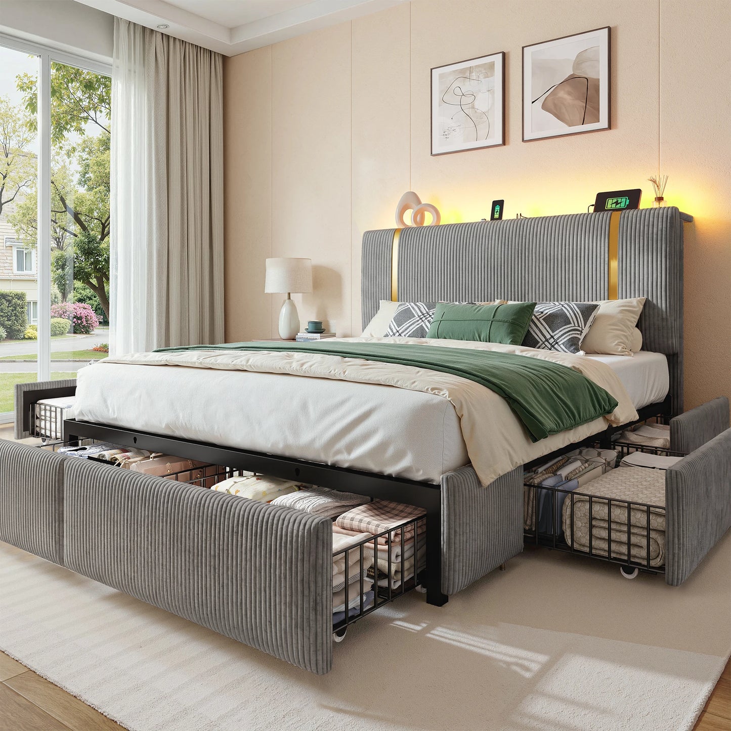 EnHomee Bed Frame 6 Storage Drawers Upholstered Headboard LED Lighting